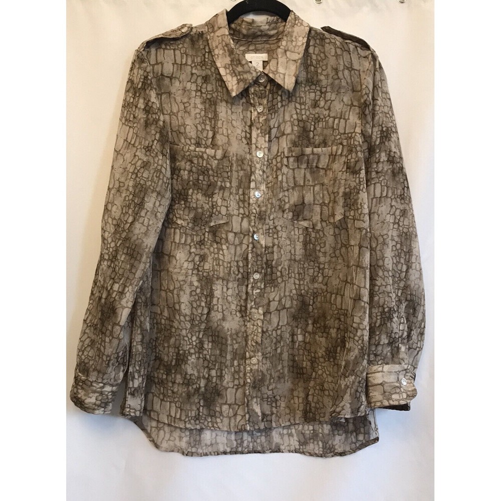 Chico’s Snake Print Button Top Size 2 Large Long Sleeve Roll Up Sheer Blouse